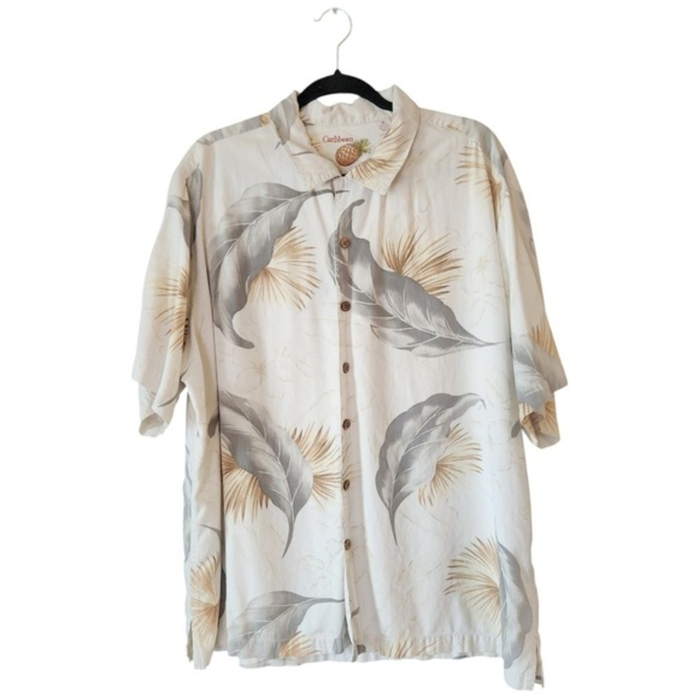 Caribbean Men's‎ XL Tropical Hawaiian Shirt Palm Leaf Silk Cotton Feather Beige